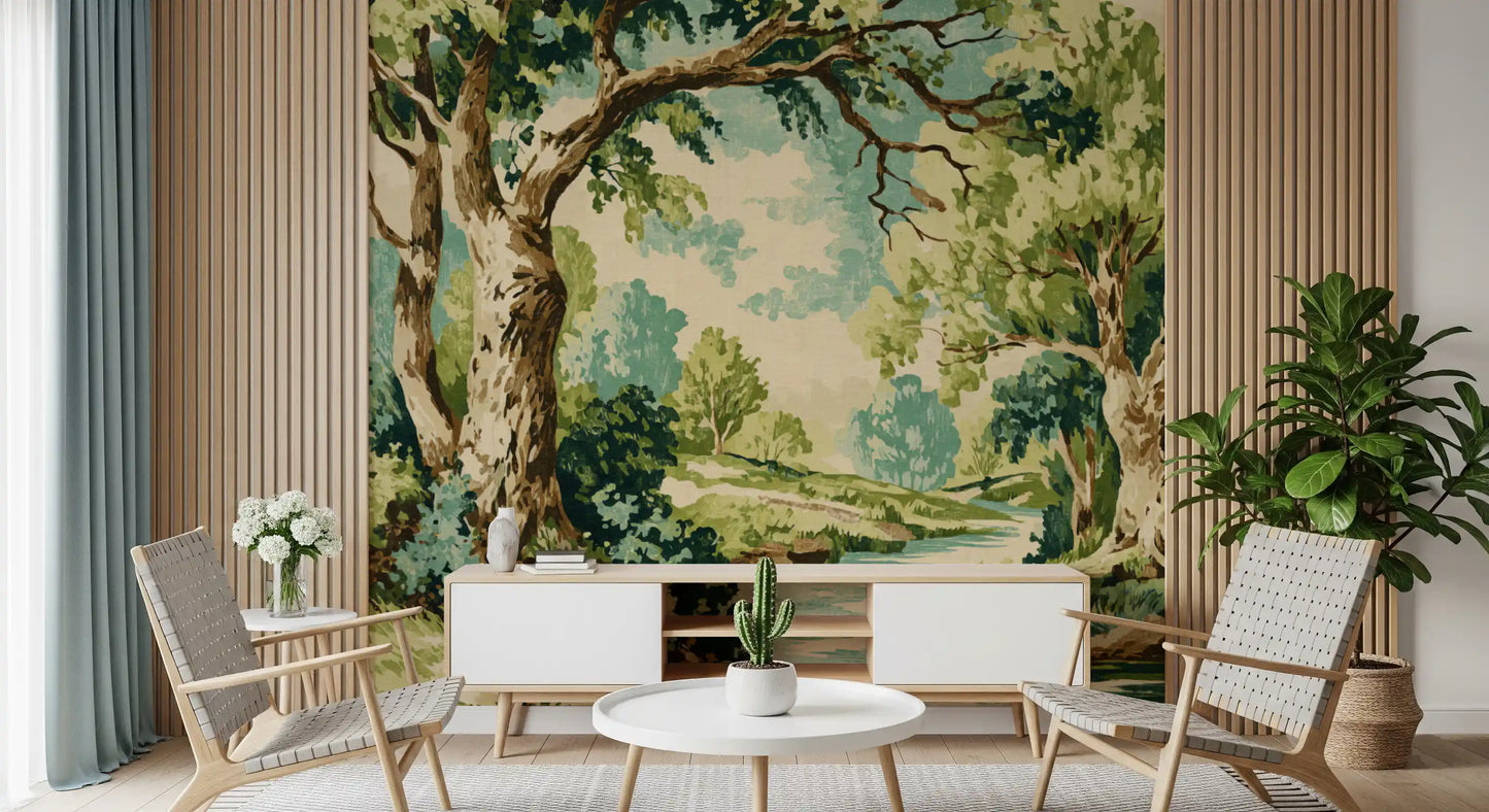 Forest water mural with shaded plants, river curves, and scenic artwork