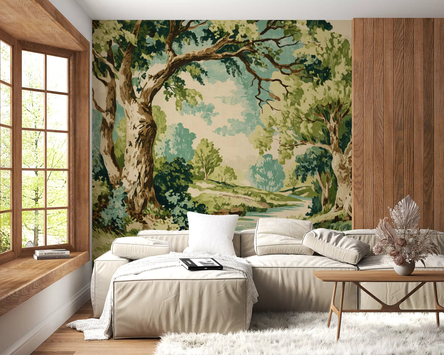 Hallway featuring woodland stream wall mural with green painted foliage