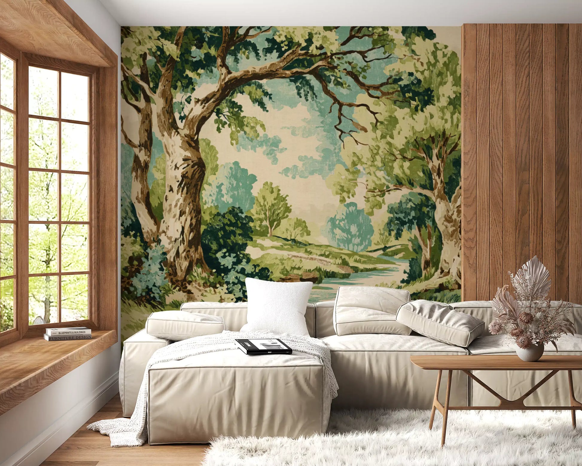 Hallway featuring woodland stream wall mural with green painted foliage