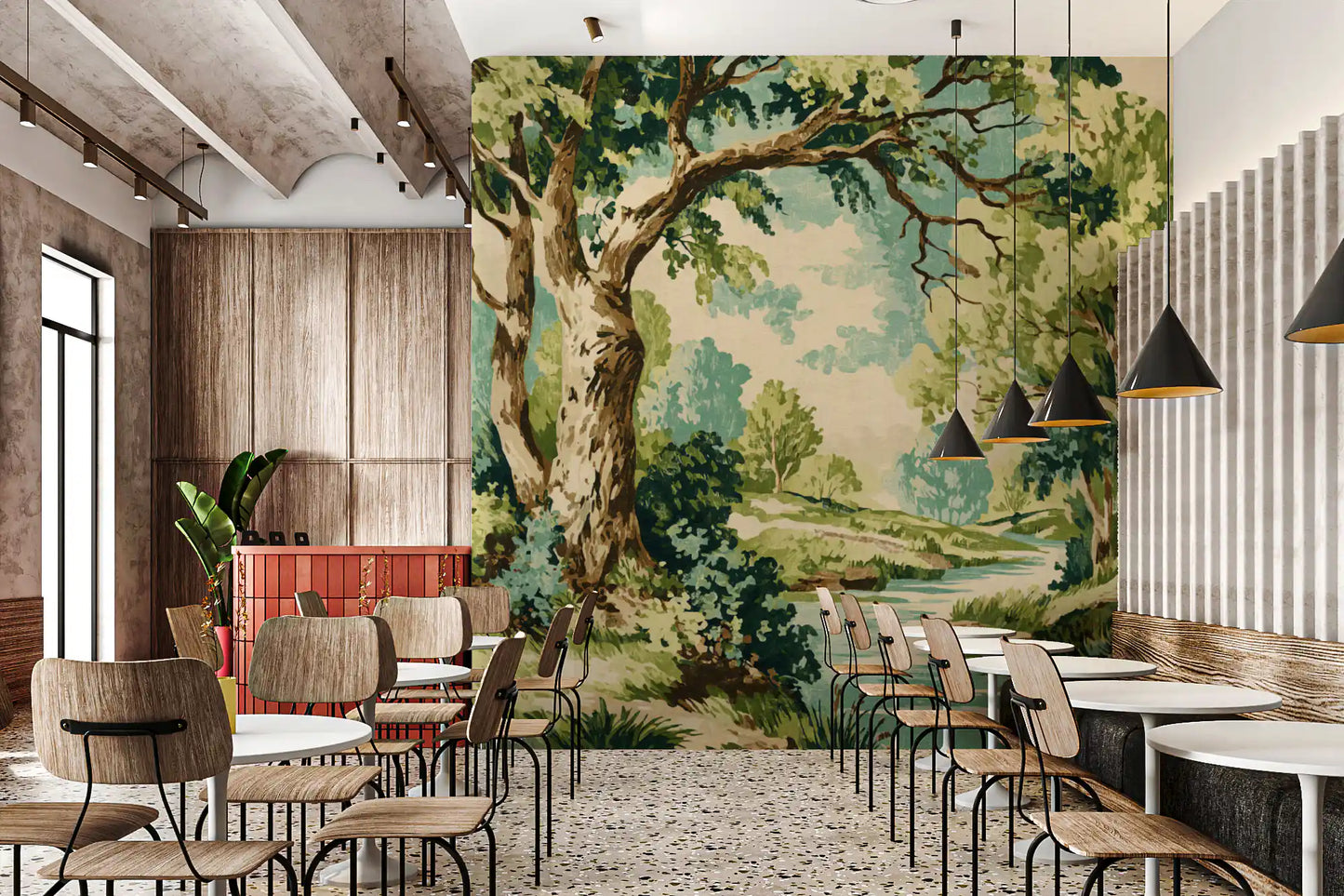 Cafe wall showing forest stream mural with trees and soft blue water