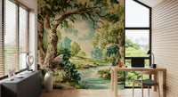 Woodland river mural with layered greenery and soft countryside light