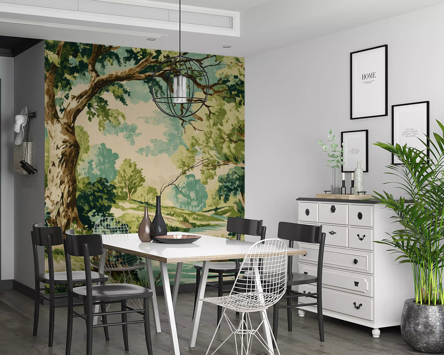 Tranquil Forest Stream Wall Mural with tree trunks and calm water view