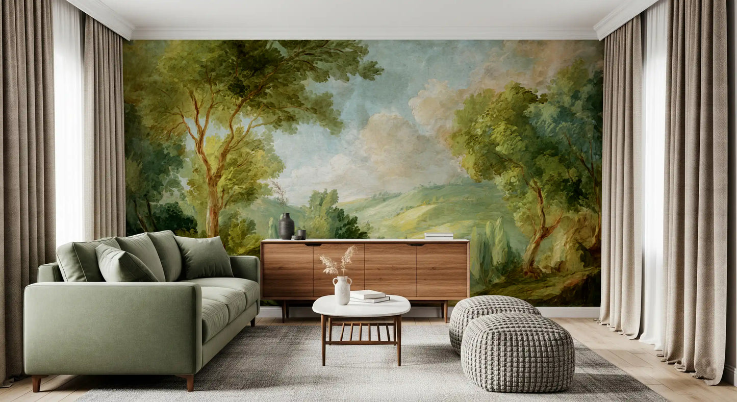 Living room wall showing green landscape mural with soft painted countryside