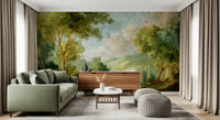 Living room wall showing green landscape mural with soft painted countryside