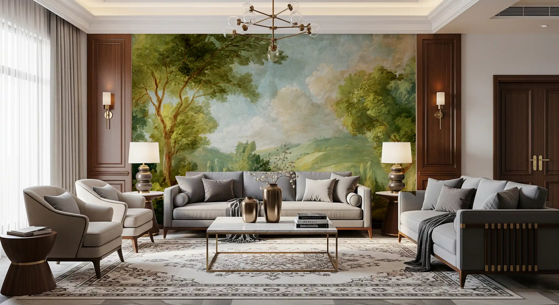 Hallway featuring landscape wall mural with trees, clouds, and valley depth