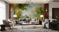 Hallway featuring landscape wall mural with trees, clouds, and valley depth