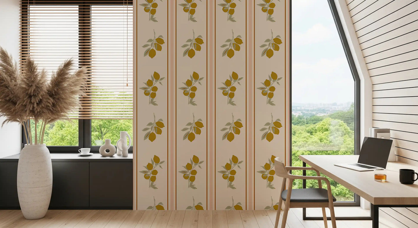 Office room with lemon branch wallpaper on a light neutral background