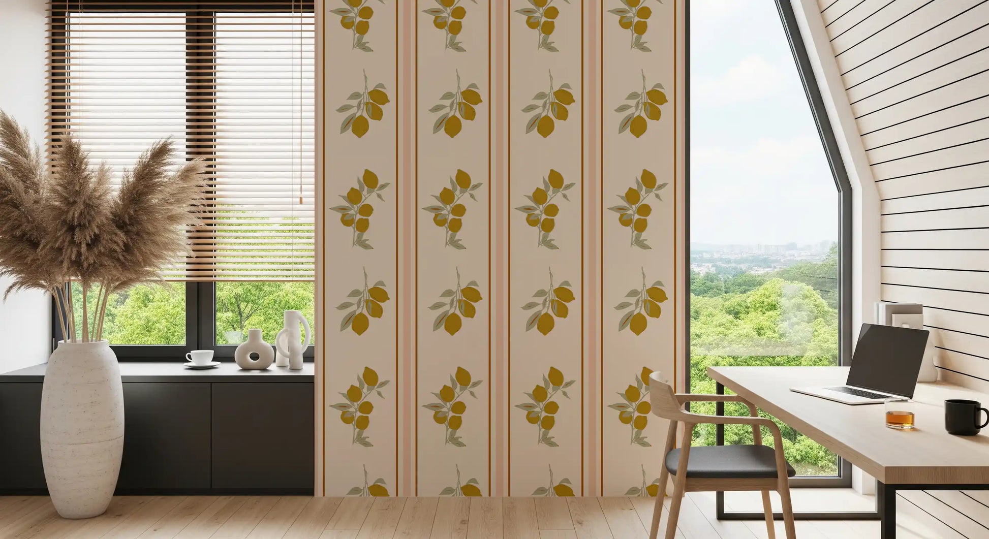 Office room with lemon branch wallpaper on a light neutral background