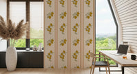 Office room with lemon branch wallpaper on a light neutral background