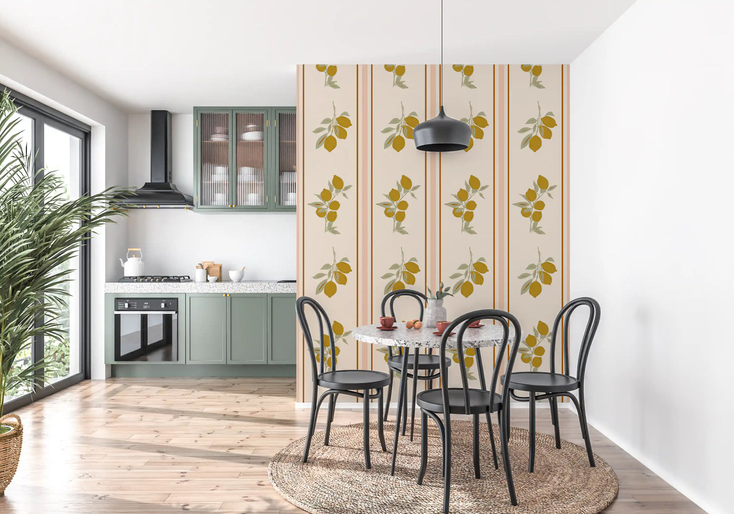 Dining room using Olive Lemon Branch Wallpaper with slim side border lines