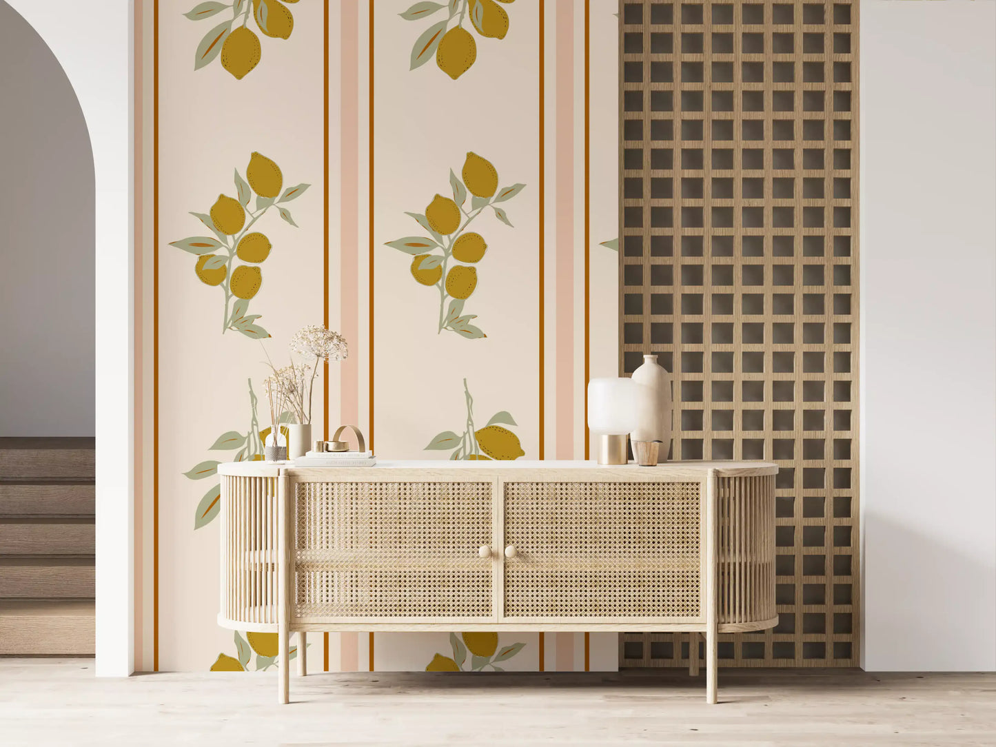 Hallway featuring Mediterranean wallpaper with framed lemon cluster design
