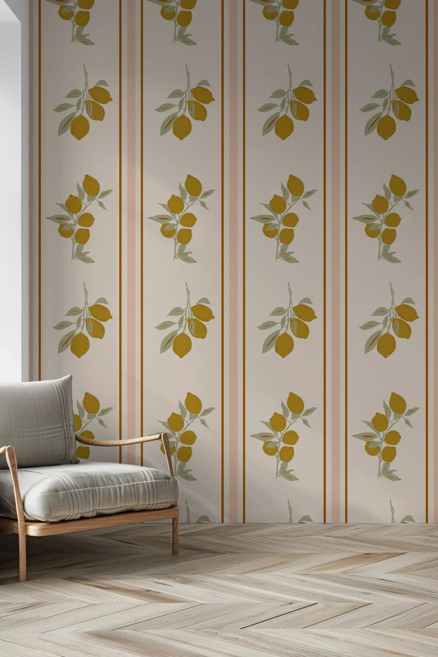 Home wall showing olive lemon wallpaper with soft leafy branch detail