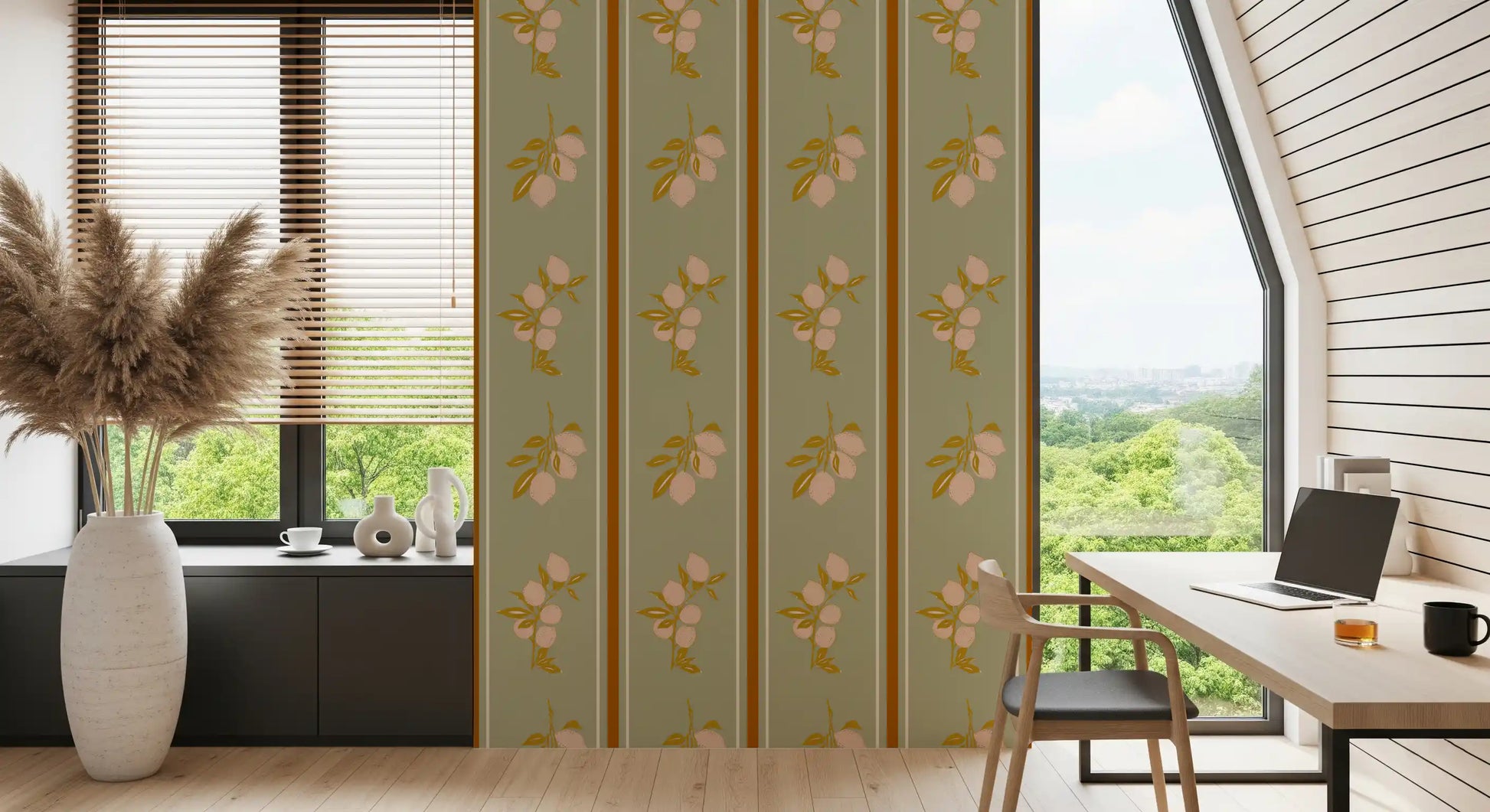 Mediterranean Style Wallpaper showing sage panels and fruit branch detail