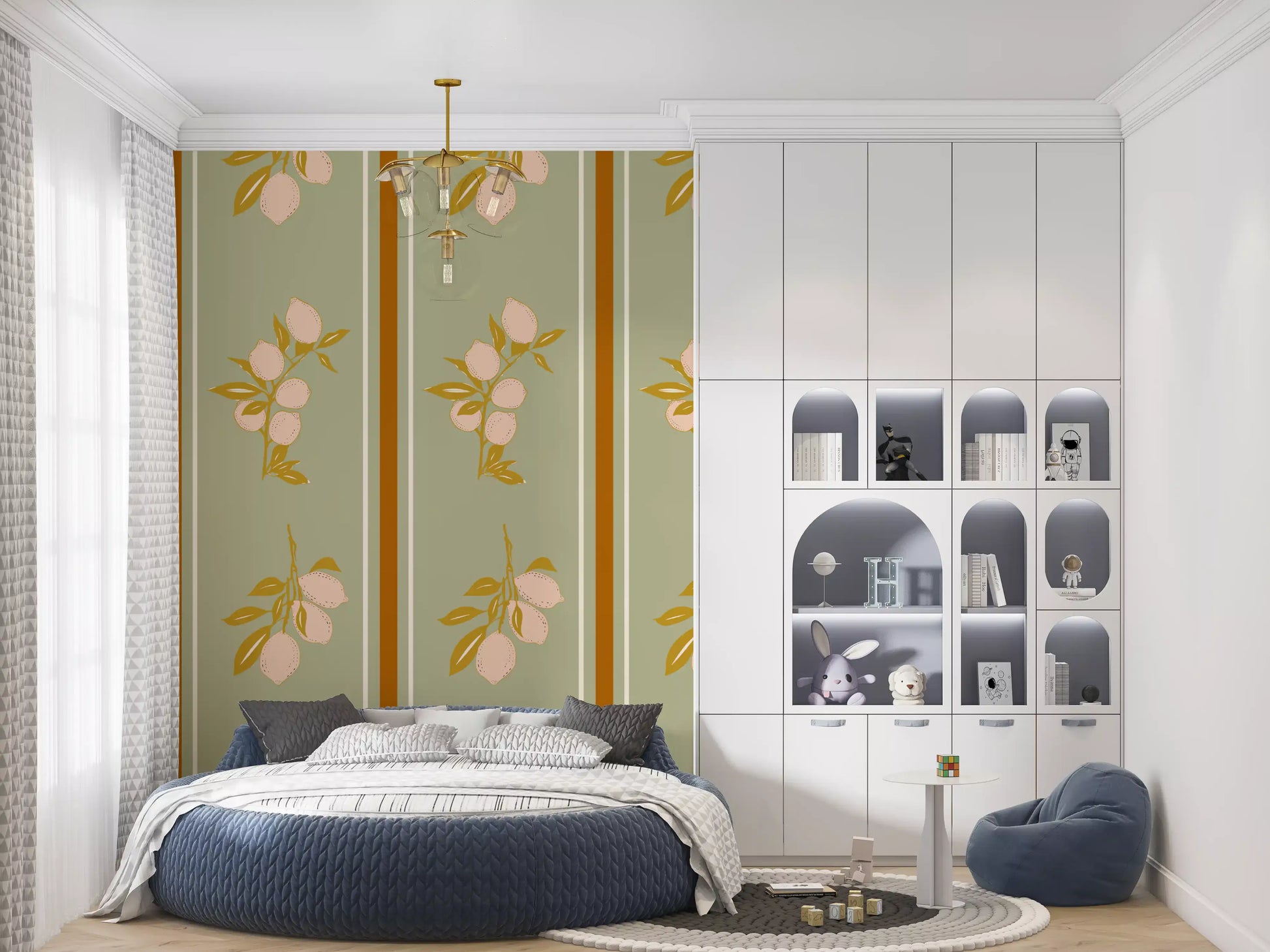 Sage Lemon Branch Wallpaper with pale lemons and golden leafy stems