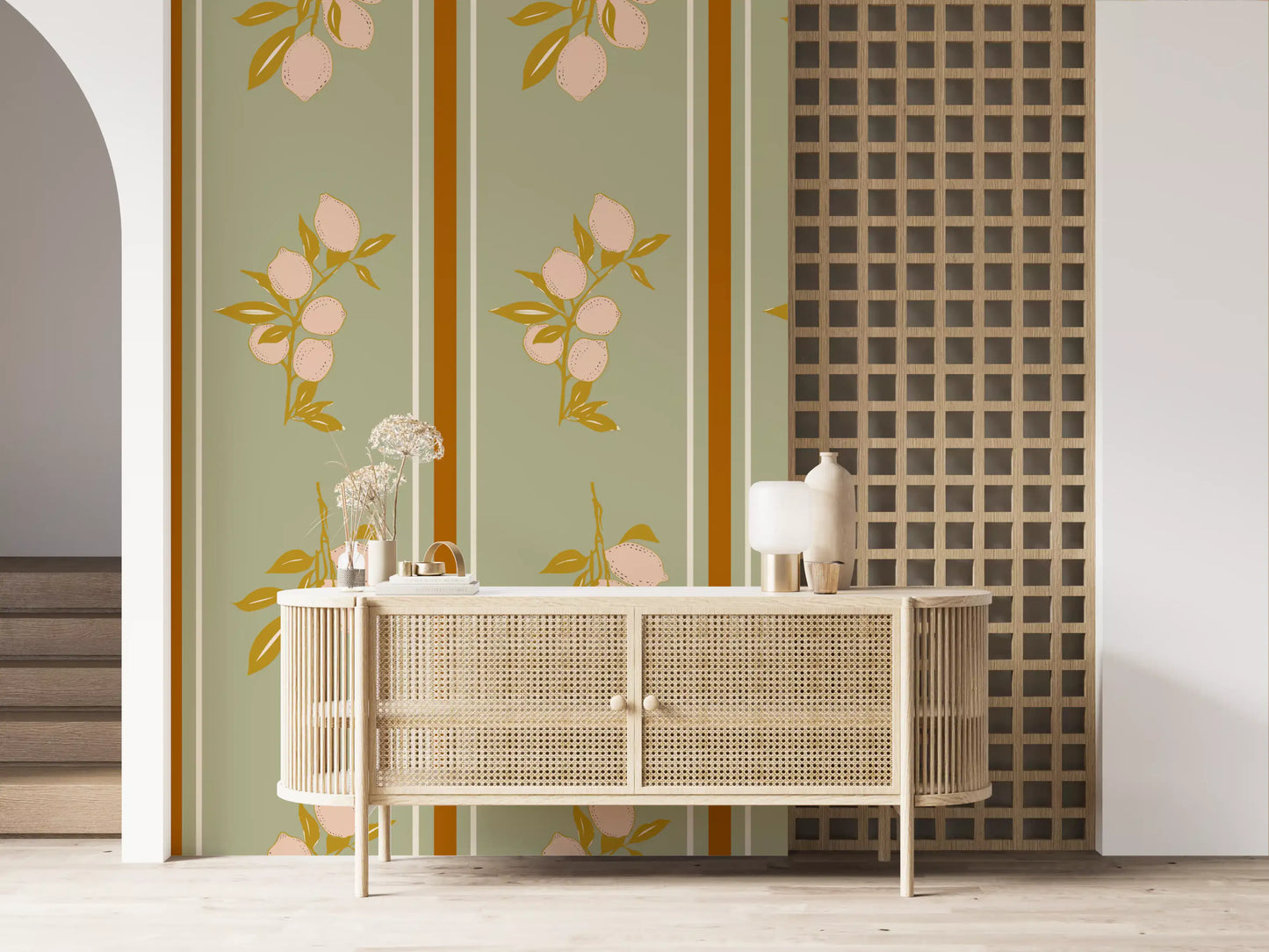Home wall showing sage fruit wallpaper with ochre leaves and soft panels
