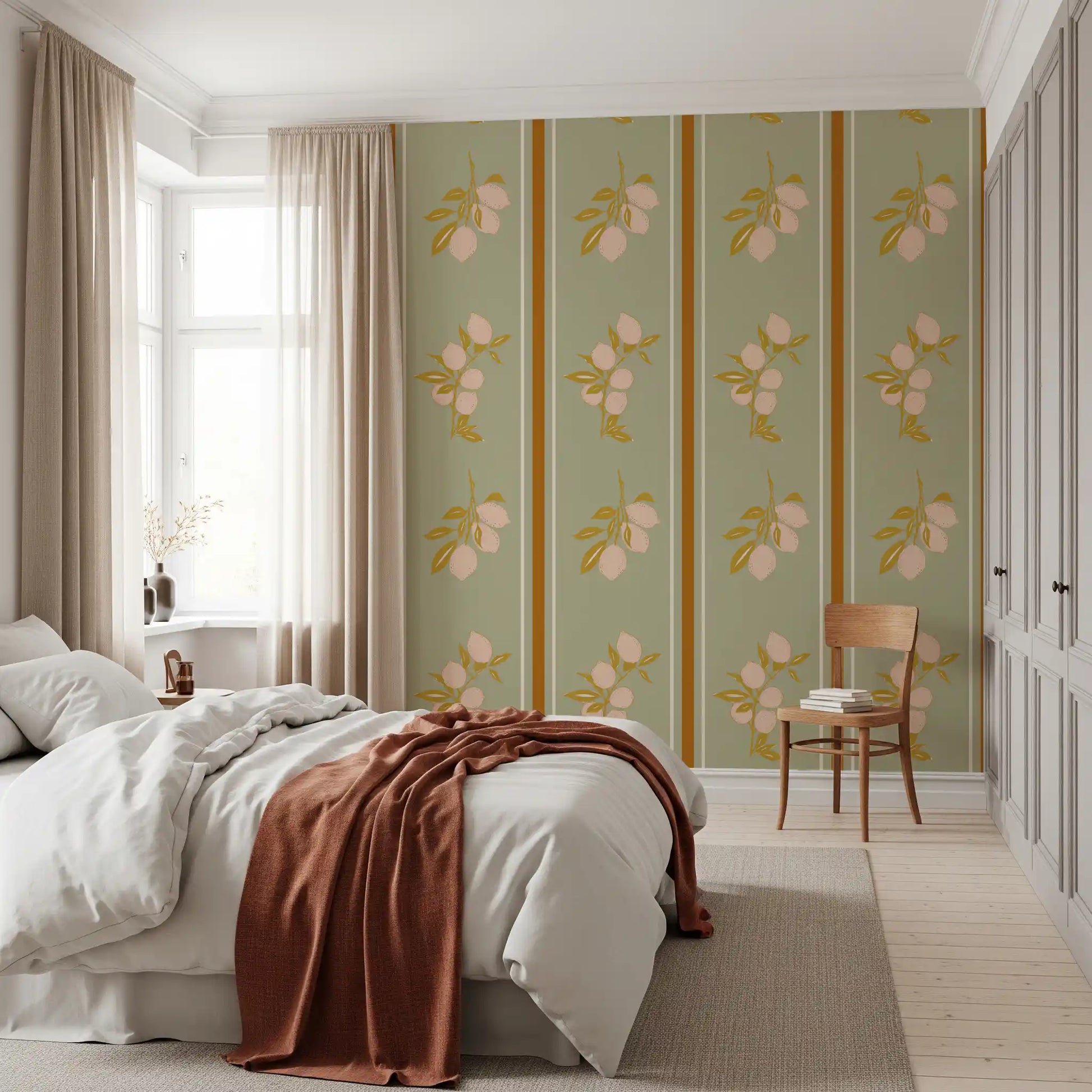 Green fruit wallpaper with ochre stems, pale lemons, and open spacing