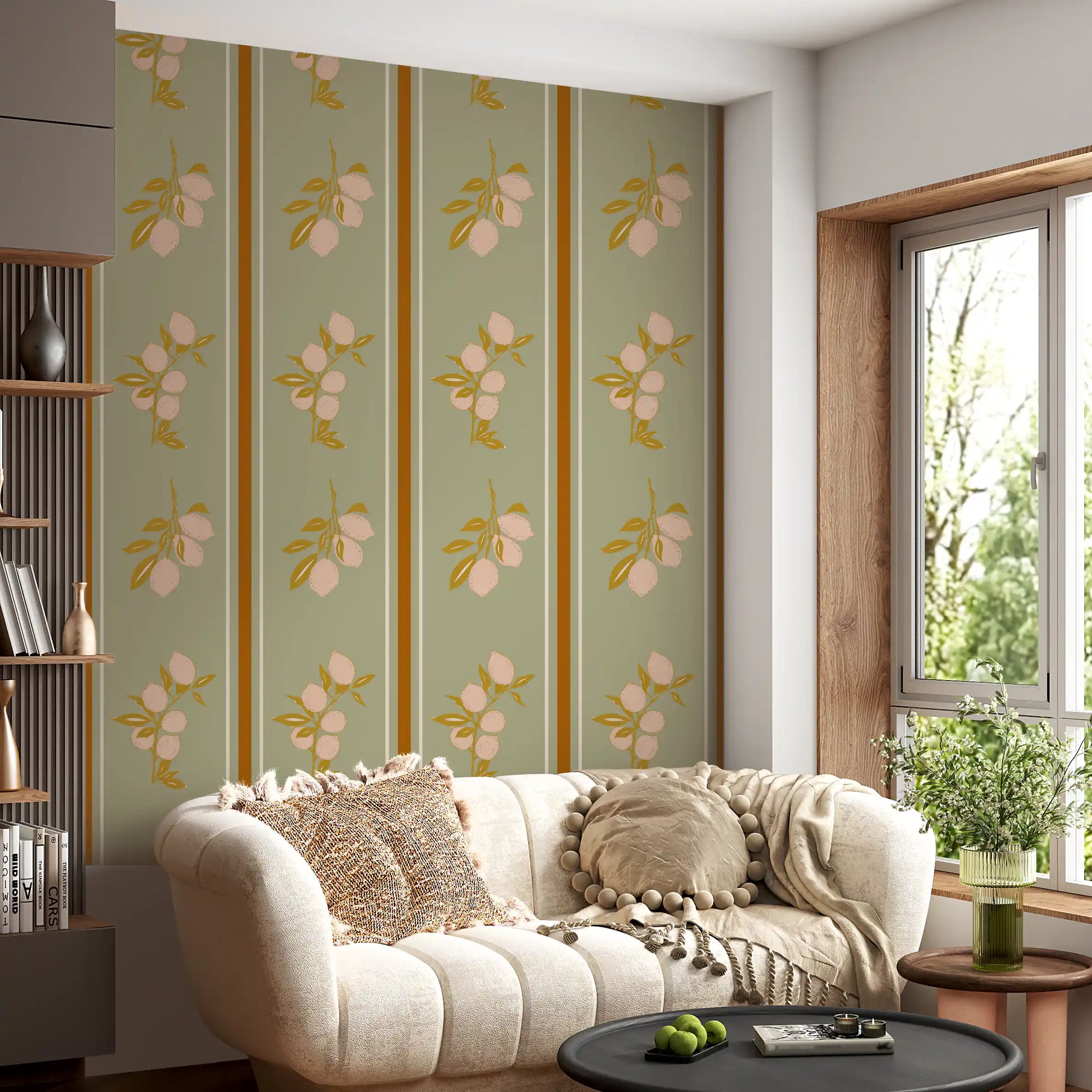 Hallway featuring lemon branch wallpaper on muted green framed spacing