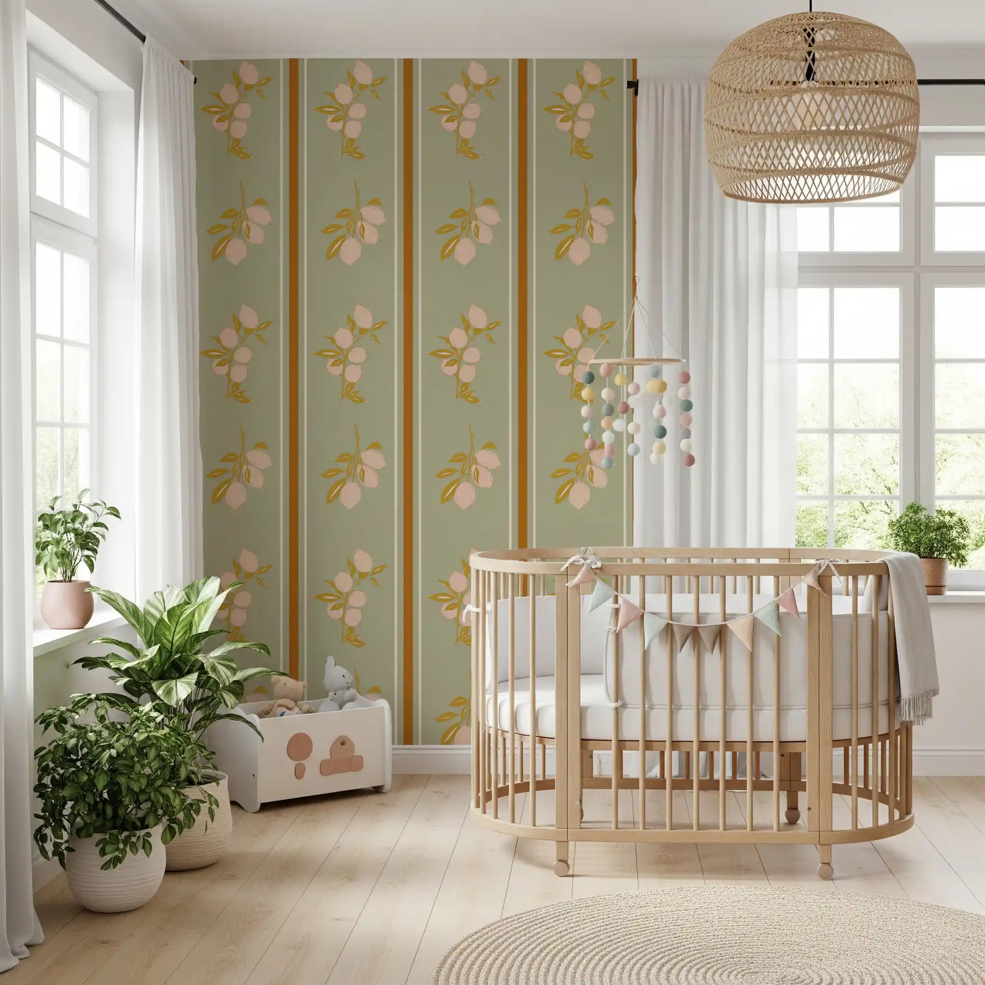 Kids room using Sage Lemon Branch Wallpaper with cream border accents