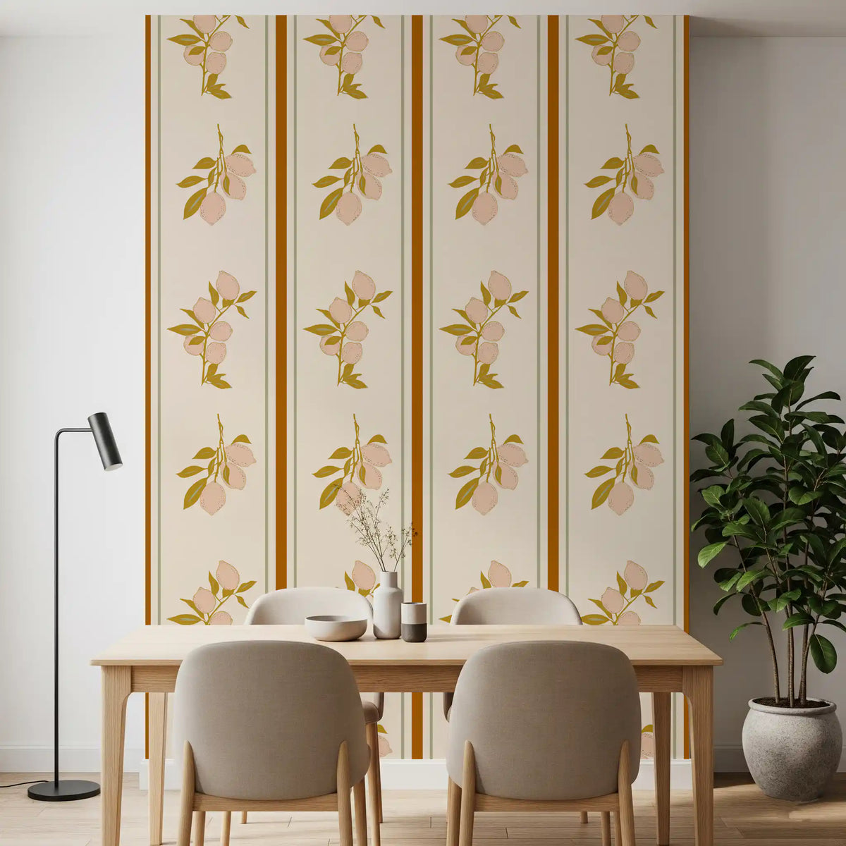 Dining room with Pink Lemon Branch Wallpaper in a soft Mediterranean citrus layout