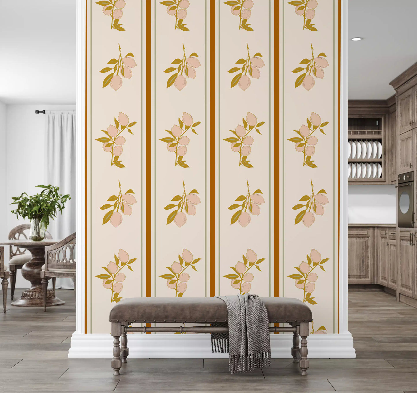 Home using Pink Lemon Branch wallpaper with olive leaf accents