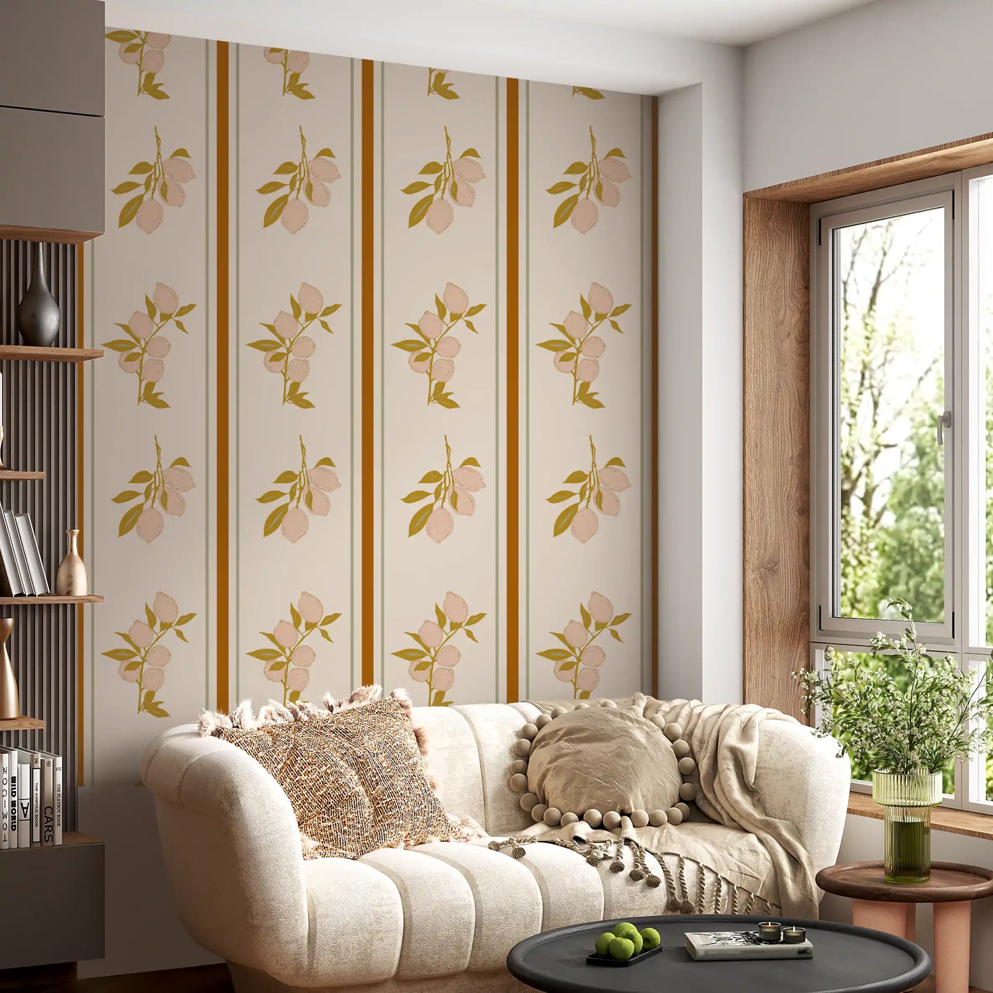 Lemon motif wallpaper with refined border lines and airy spacing