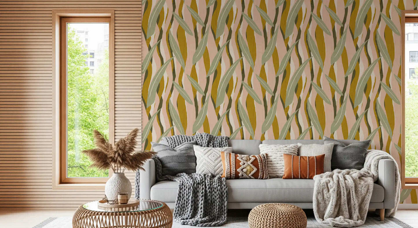 Mustard Olive Leaf Stripe Wallpaper Boho Organic Wallpaper⁠