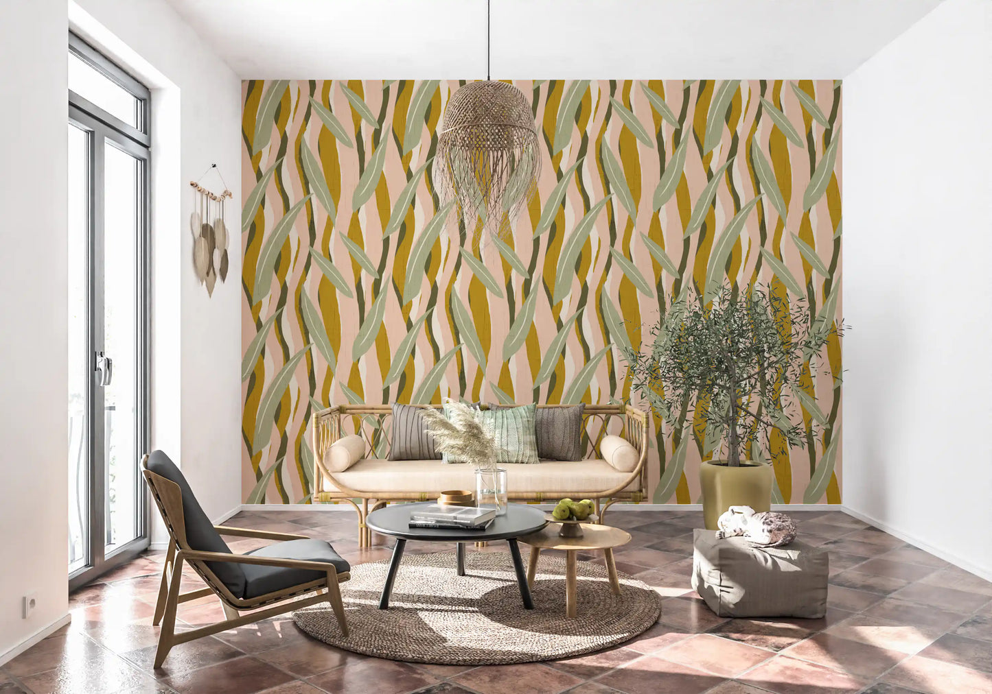 Mustard Olive Leaf Stripe Wallpaper Boho Organic Wallpaper⁠
