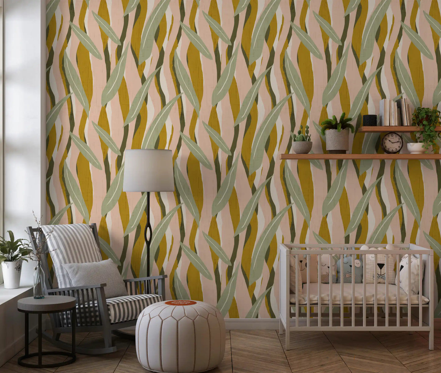 Mustard Olive Leaf Stripe Wallpaper Boho Organic Wallpaper⁠