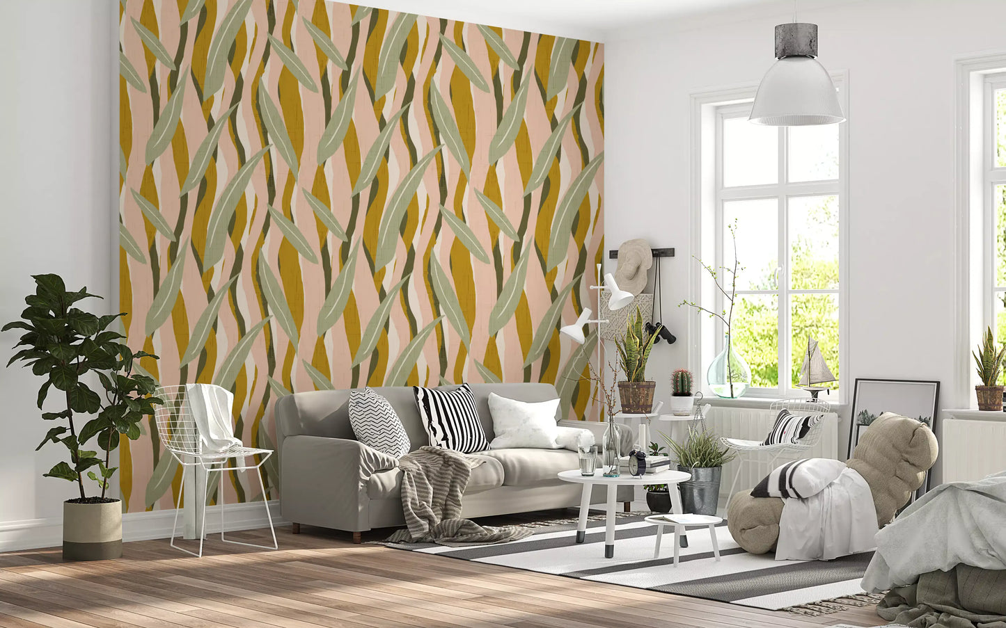 Mustard Olive Leaf Stripe Wallpaper Boho Organic Wallpaper⁠