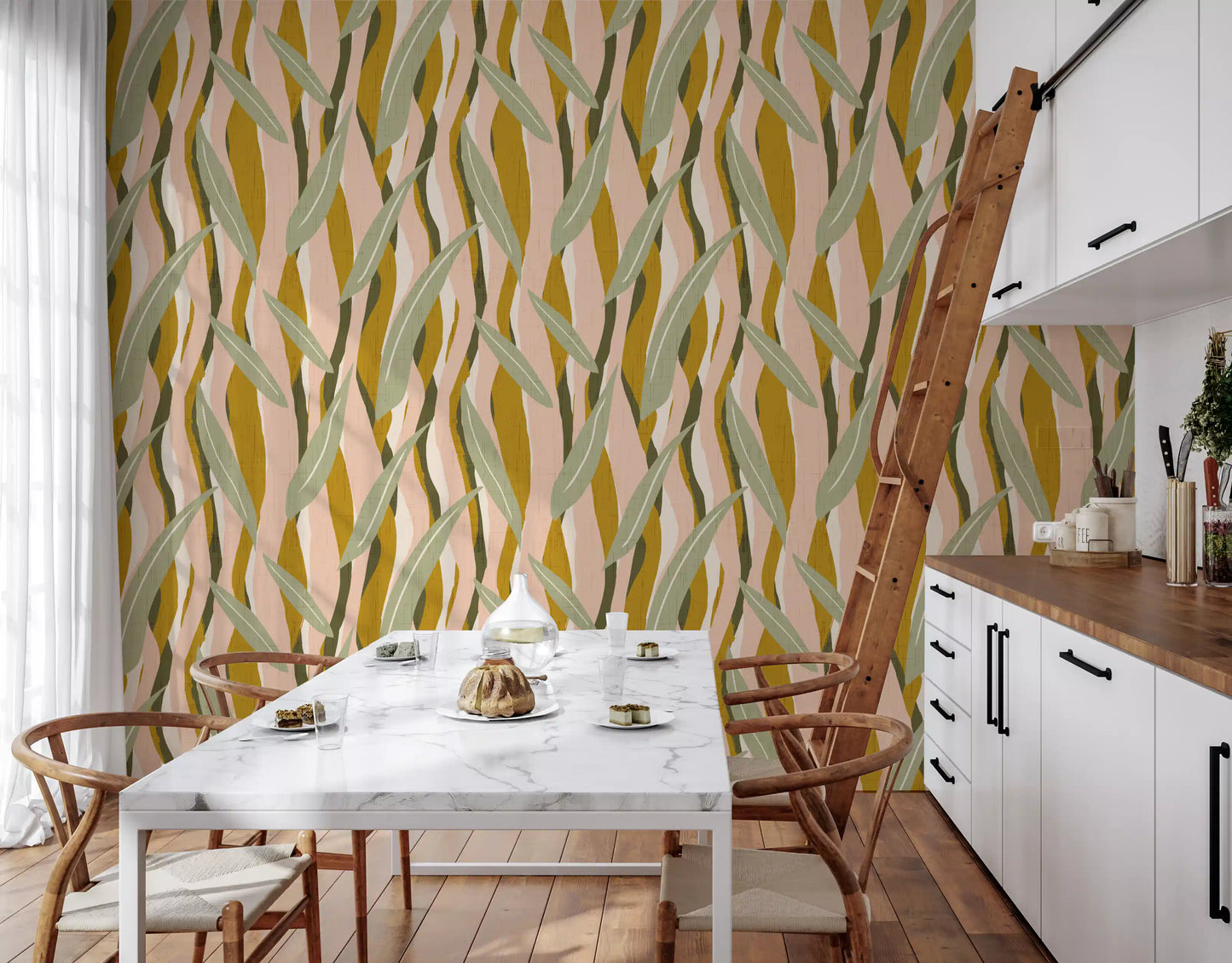 Mustard Olive Leaf Stripe Wallpaper Boho Organic Wallpaper⁠