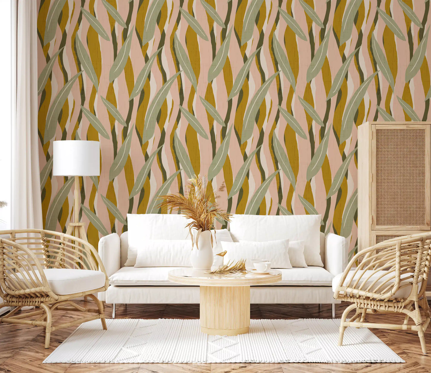 Mustard Olive Leaf Stripe Wallpaper Boho Organic Wallpaper⁠