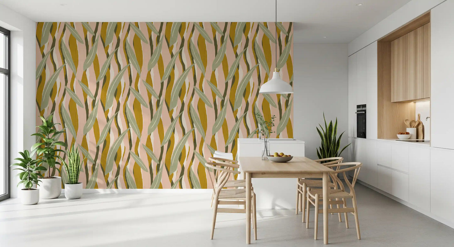 Mustard Olive Leaf Stripe Wallpaper Boho Organic Wallpaper⁠