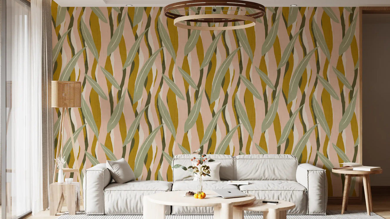 Olive nature wallpaper carrying blush sections and flowing vertical detail