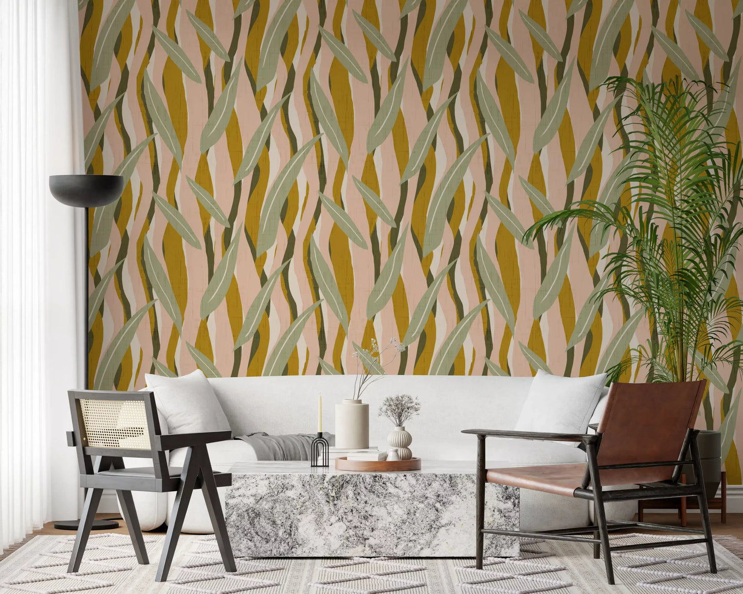 Mustard Olive Leaf Stripe Wallpaper Boho Organic Wallpaper⁠