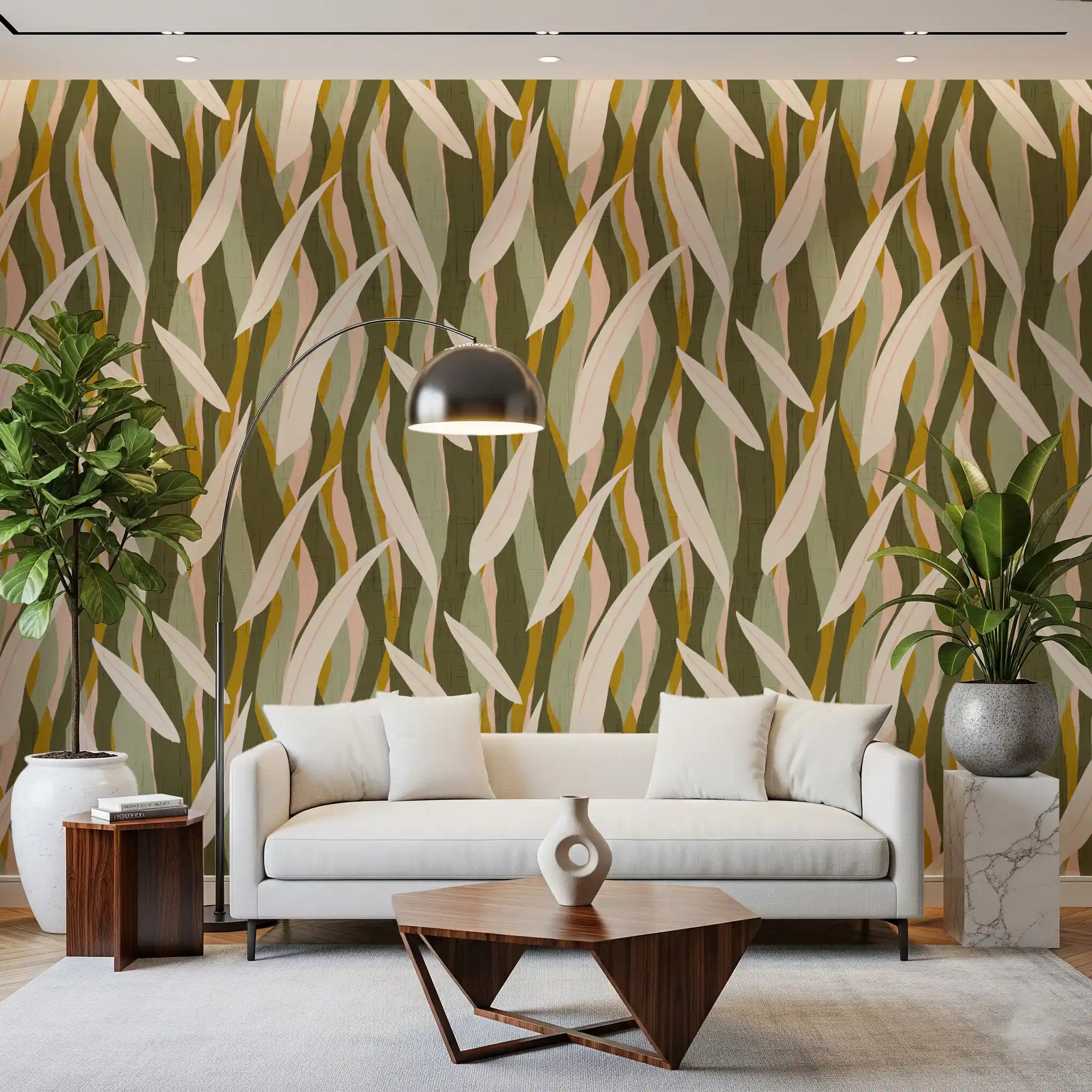 Olive Mustard Leaf Stripe Wallpaper Boho Organic Wallpaper⁠