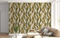 Olive Mustard Leaf Stripe Wallpaper Boho Organic Wallpaper⁠