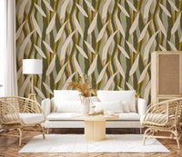 Olive Mustard Leaf Stripe Wallpaper Boho Organic Wallpaper⁠