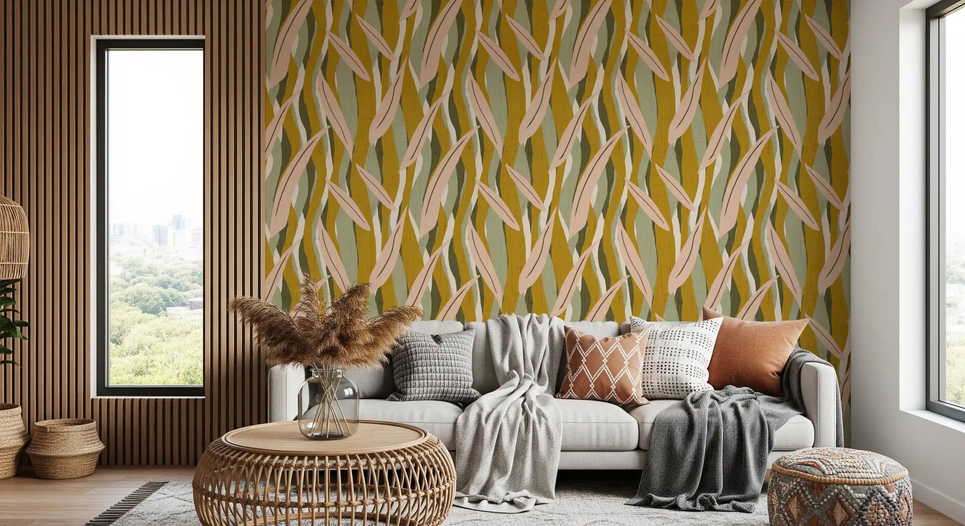 Boho organic wallpaper featuring blush leaf forms and olive stripe flow