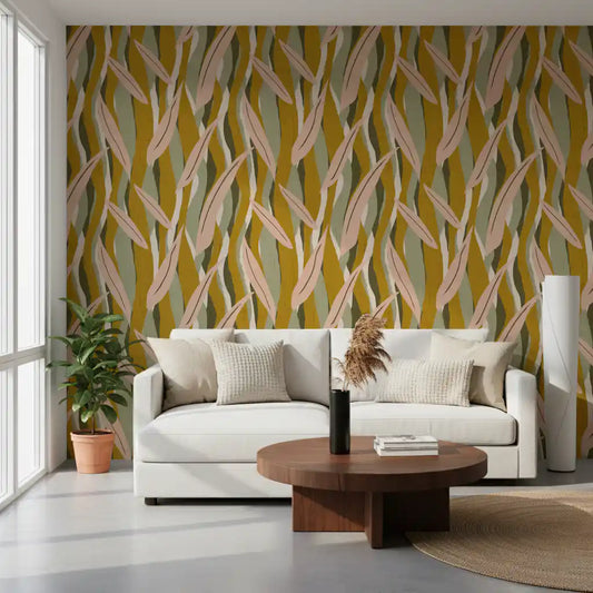 Office styled in boho organic wallpaper with flowing leafy sections