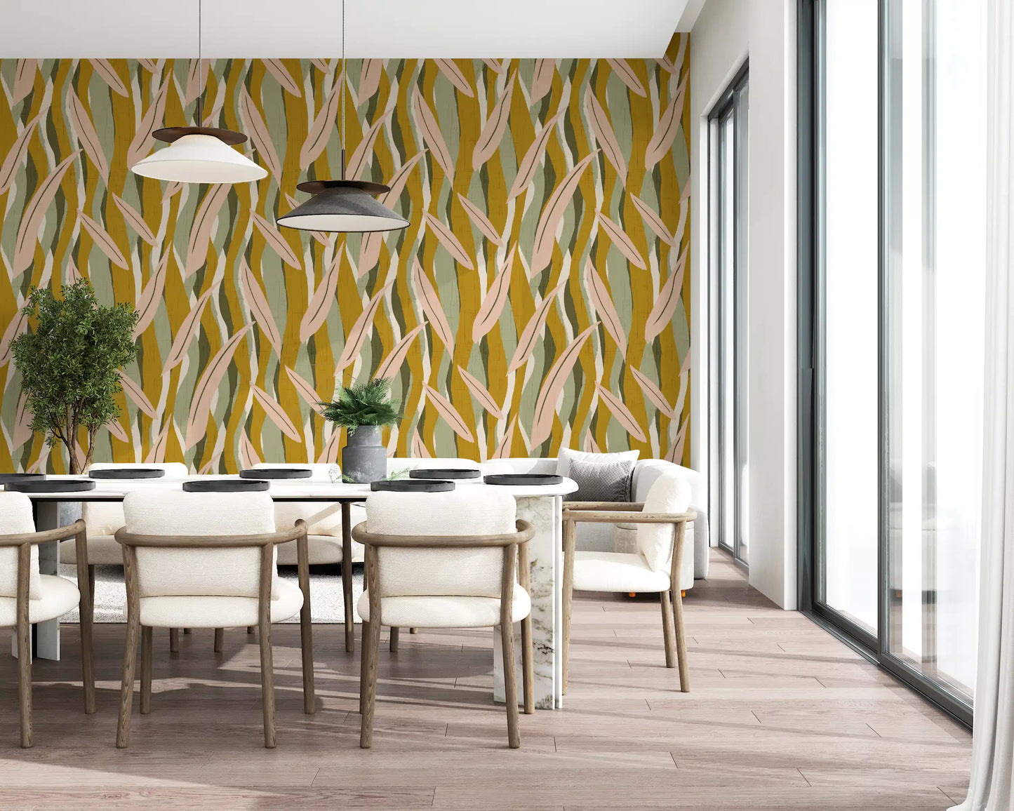 Dining room featuring Olive Pink Wallpaper and elongated botanical stripes