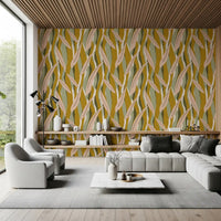 Living room with Olive Pink Leaf Stripe Wallpaper and soft organic bands