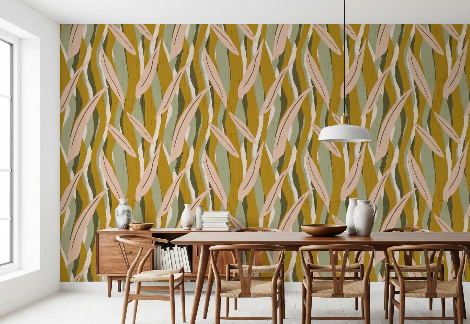 Dining room using pink leaf wallpaper with earthy vertical movement
