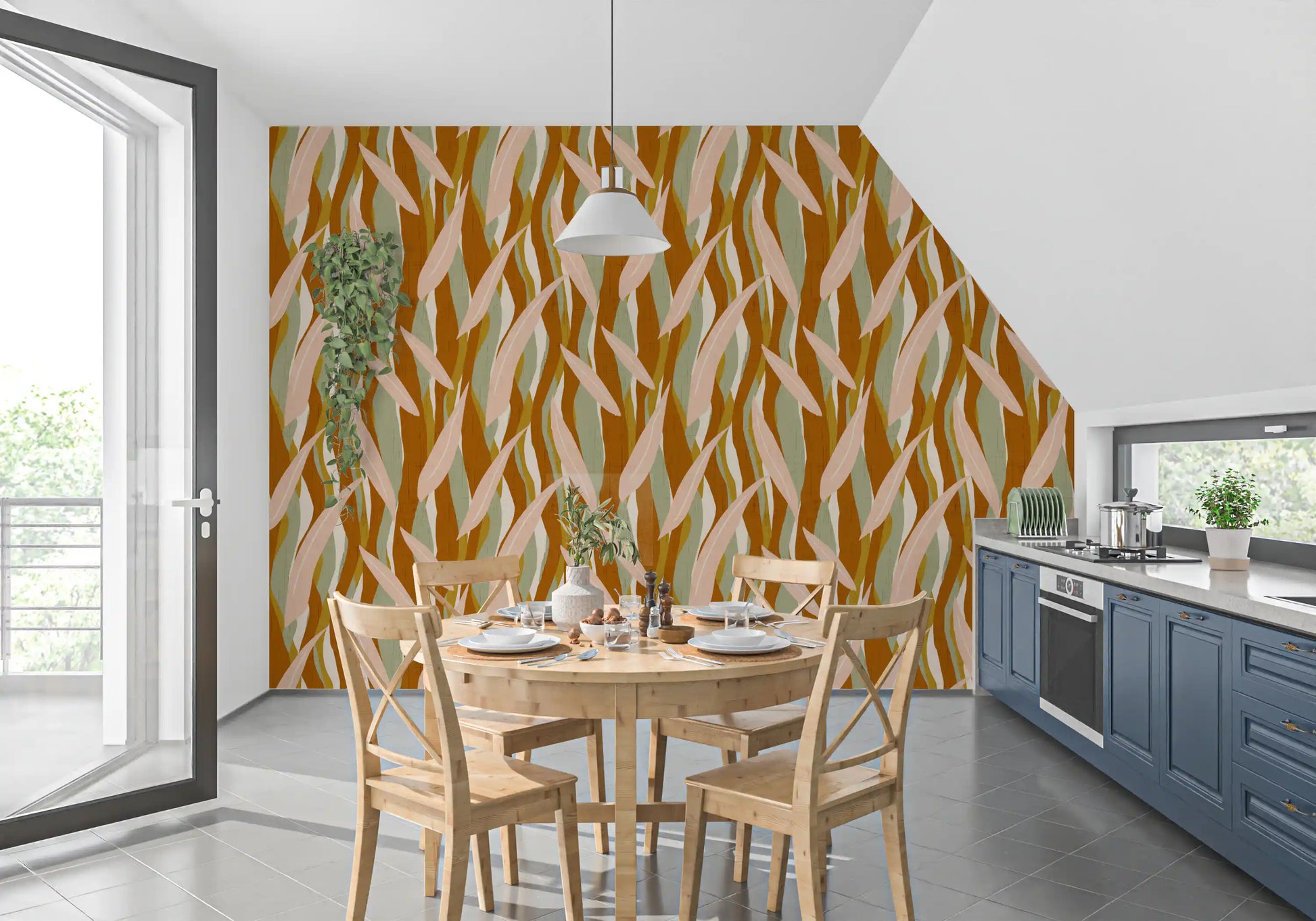 Terracotta botanical wallpaper showing long leaves and natural colour depth