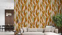 Living room with Terracotta Olive Leaf Wallpaper and flowing organic stripes