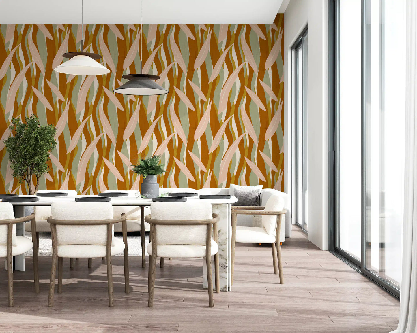 Dining room featuring Terracotta Leaf Wallpaper and muted olive bands