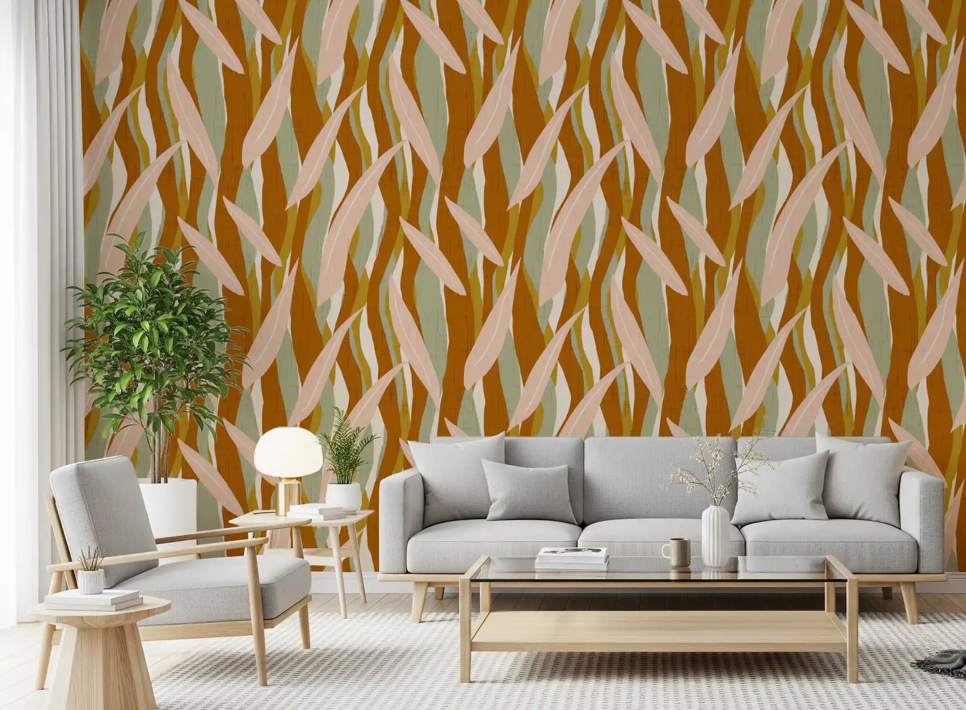 Terracotta Olive Leaf Stripe Wallpaper with layered botanical line movement