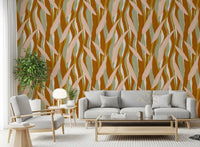 Terracotta Olive Leaf Stripe Wallpaper with layered botanical line movement