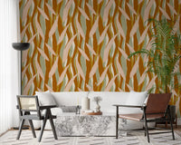 Hallway styled in boho organic wallpaper with terracotta foliage forms