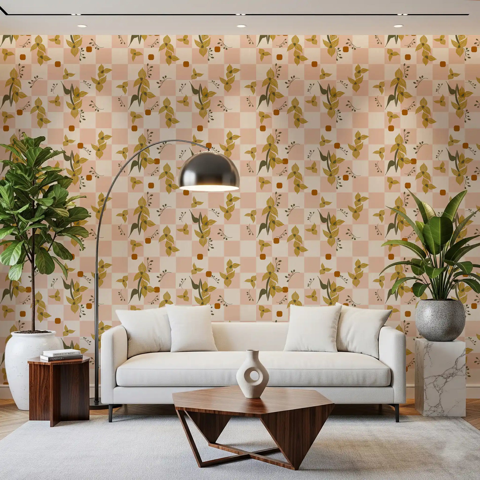 Office room featuring boho wallpaper and pink checker floral detailing