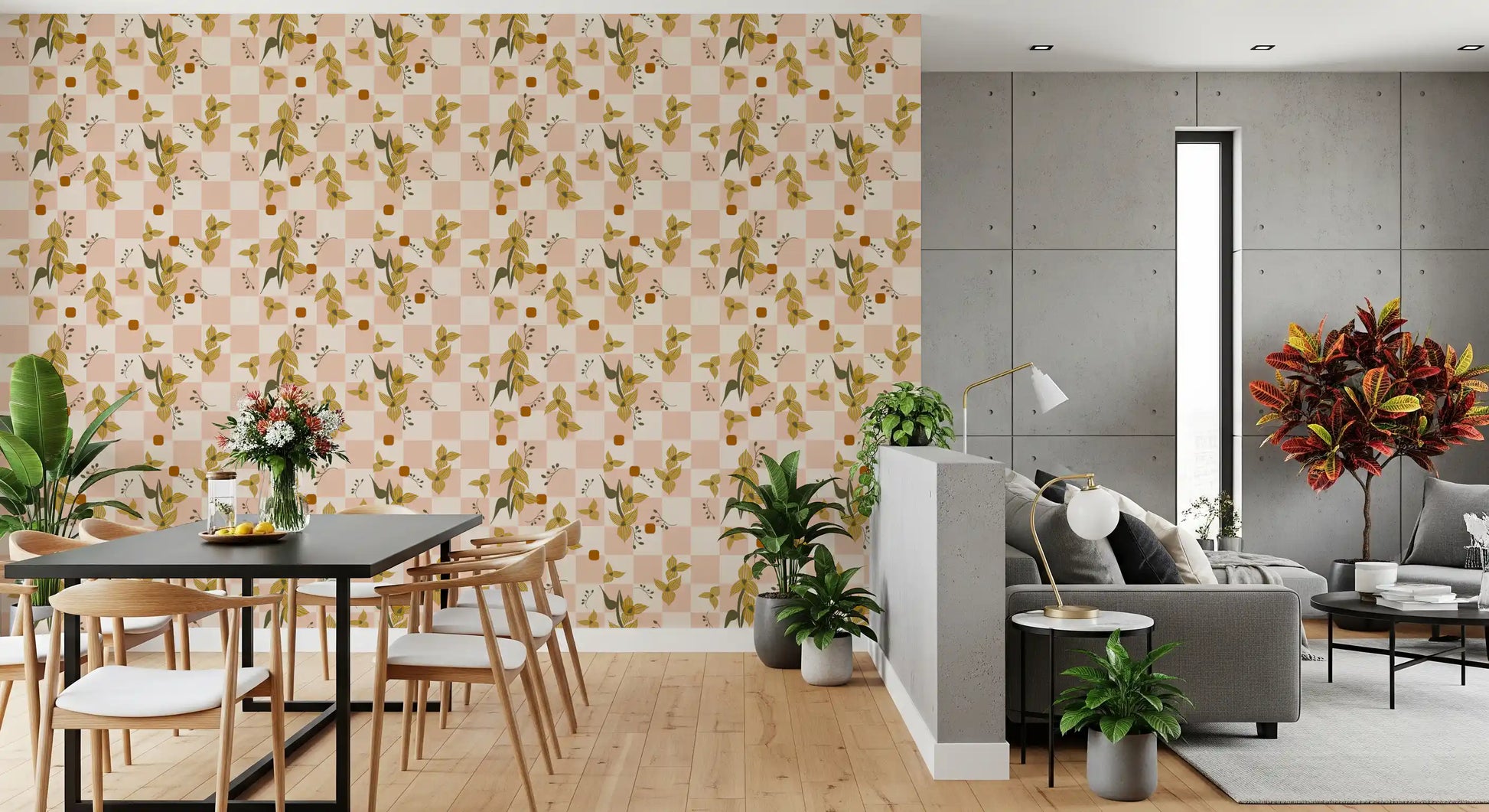 Pink Checker Floral Wallpaper with striped petals and olive stem details